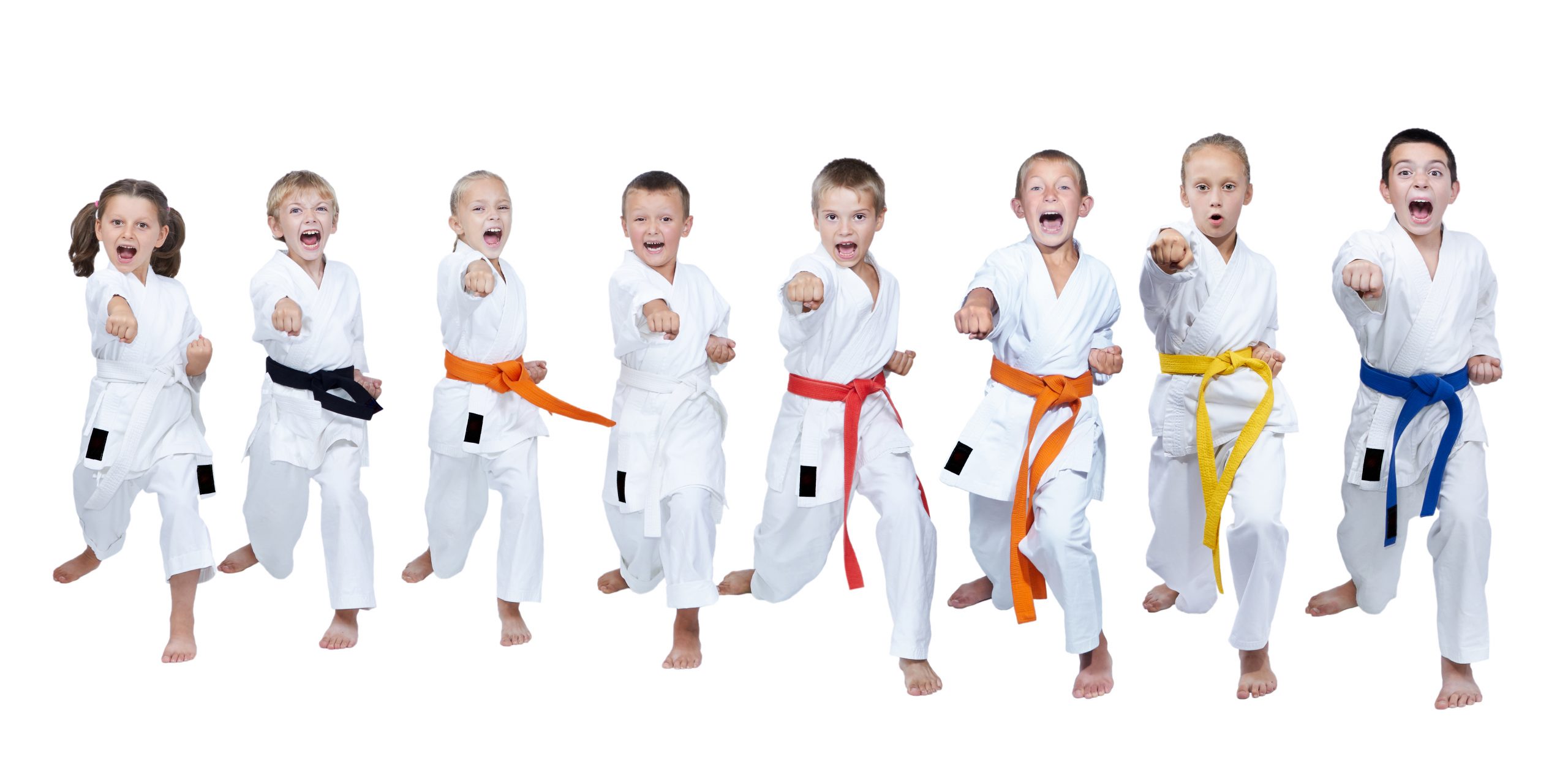 In karategi eight athletes are beating punch gyaku-zuki Bambini Gyaku-zuki